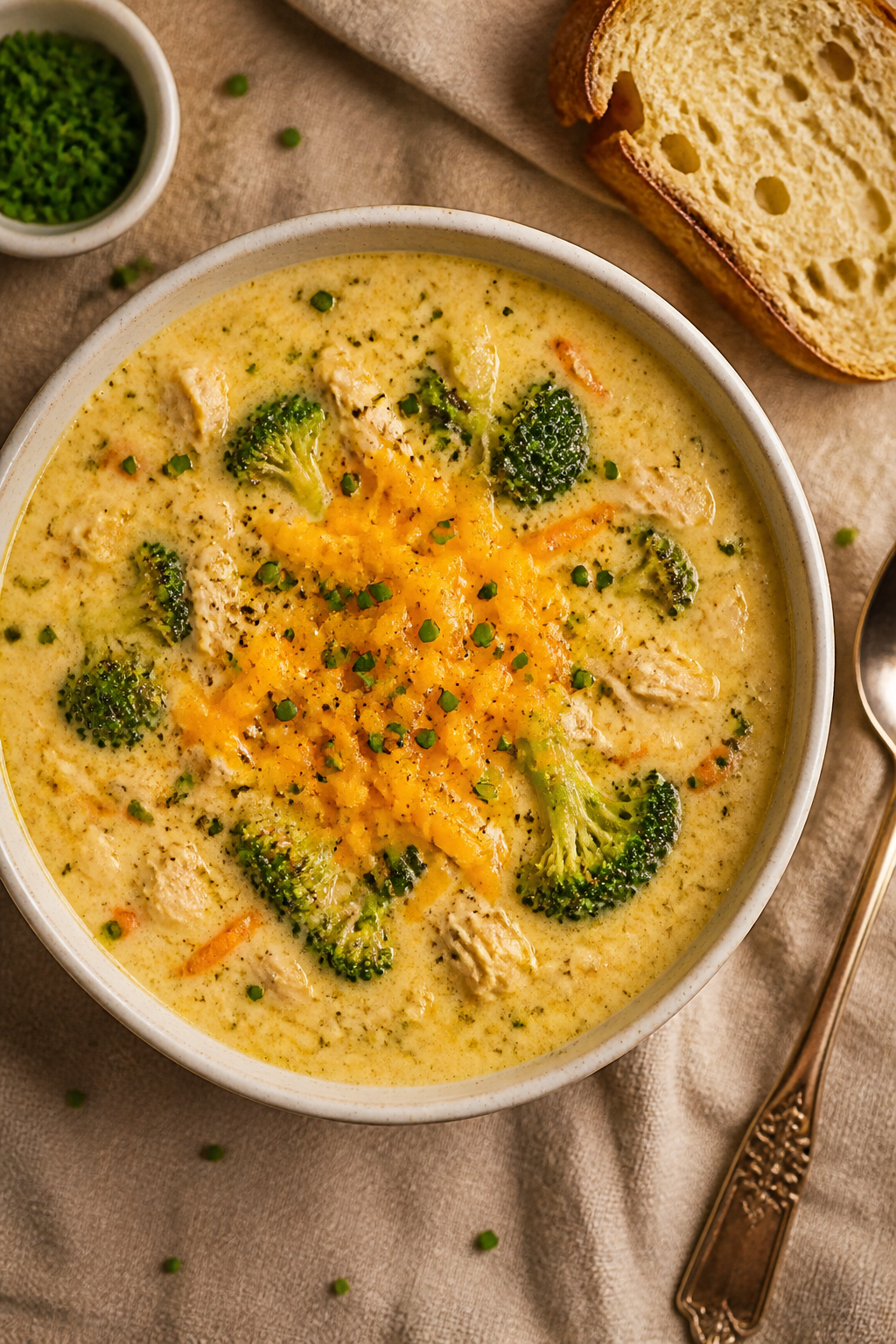 Tasty top view: Overhead shot of a deep bowl filled with Chicken Broccoli Cheddar Soup, garnished wi