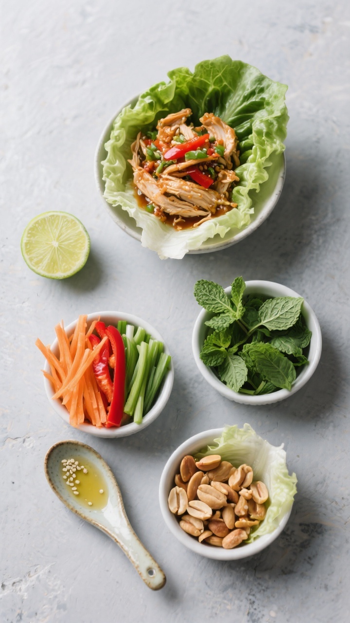 Tasty top view: Overhead shot of a DIY lettuce wrap spread—crisp butter lettuce cups, a shallow bo