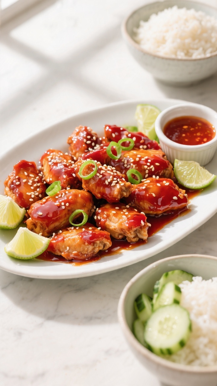 Tasty top view: Overhead shot of a family-style platter of Sticky Sweet Chili Chicken, evenly glazed