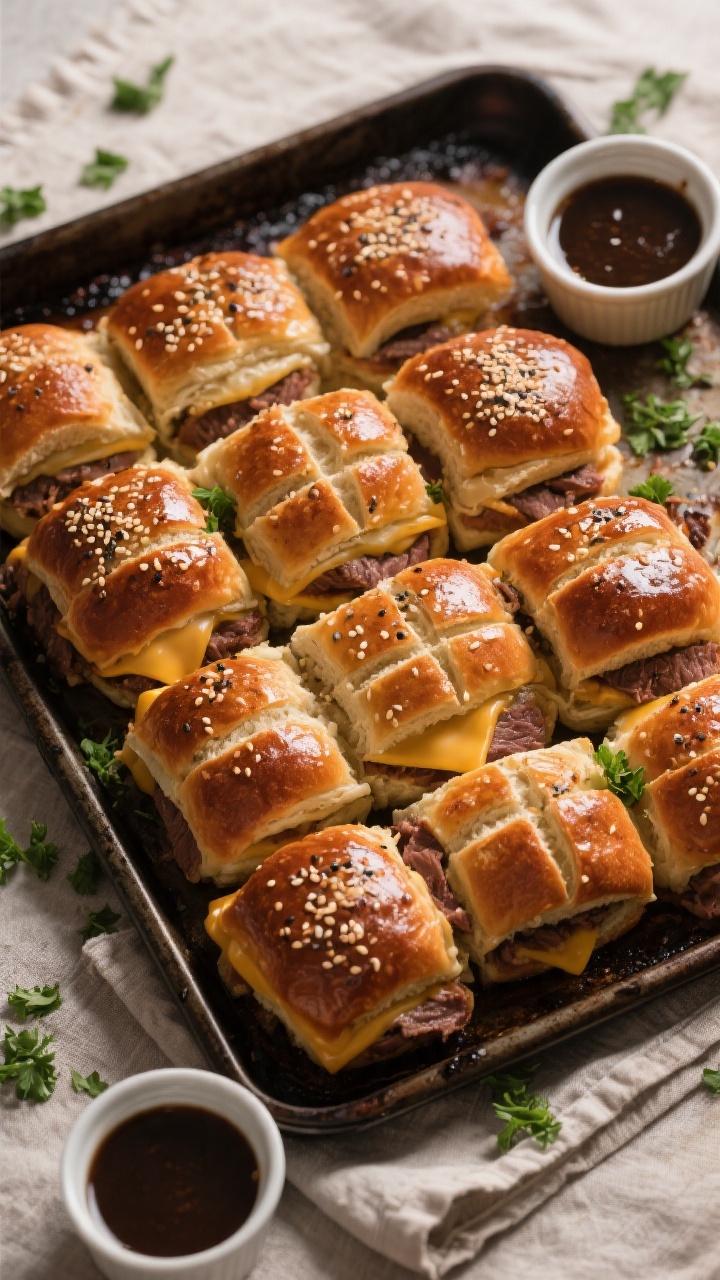 Tasty top view: Overhead shot of a full sheet of baked French Dip Sliders just out of the oven, perf