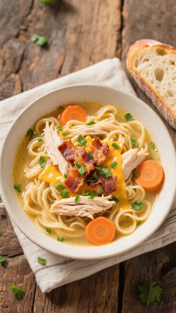 Tasty top view: Overhead shot of a generous bowl of crack chicken noodle soup—plump egg noodles, s