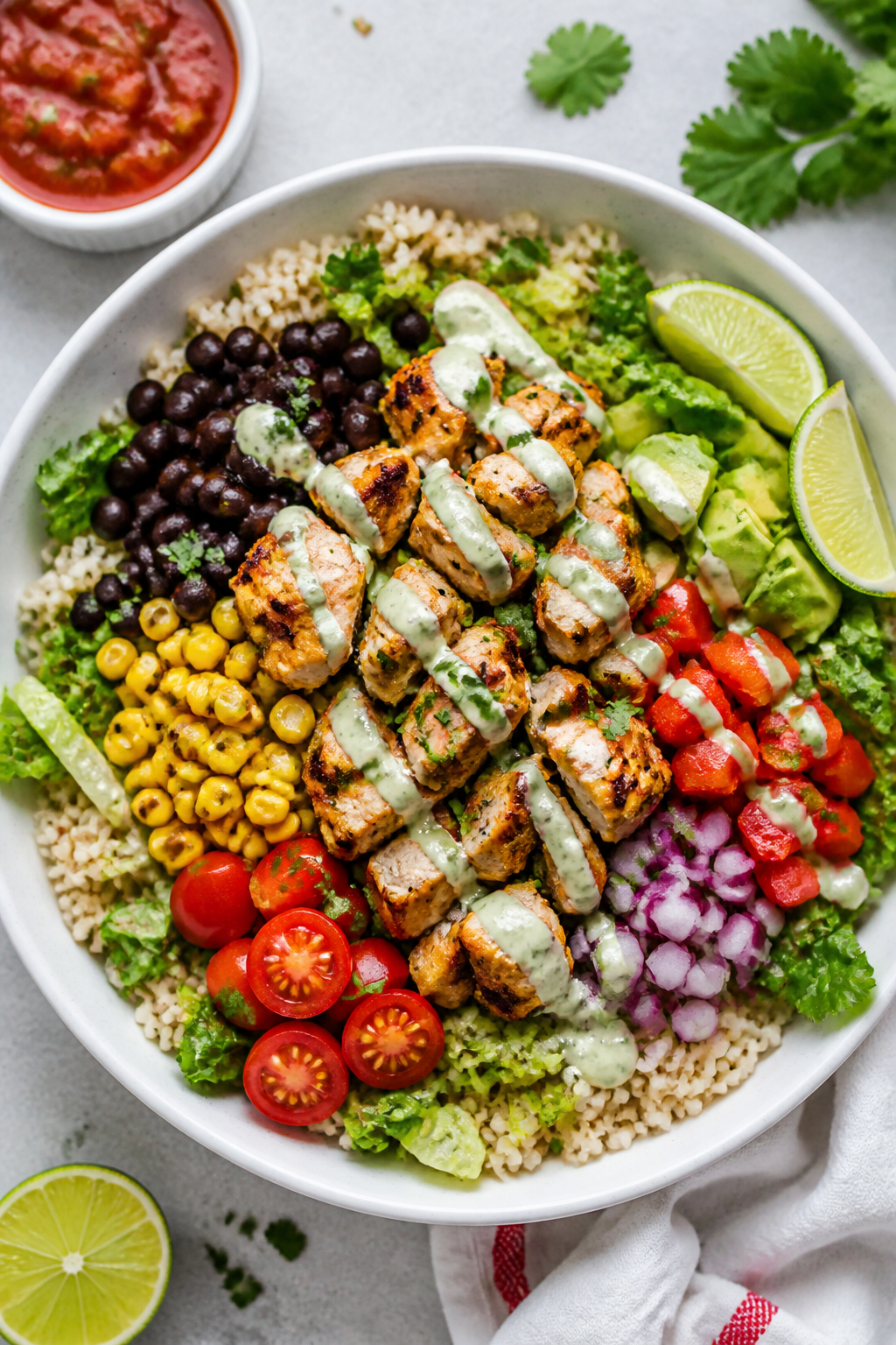 Tasty top view: Overhead shot of a Healthy Chicken Taco Rice Bowl assembled in a wide white bowl—f