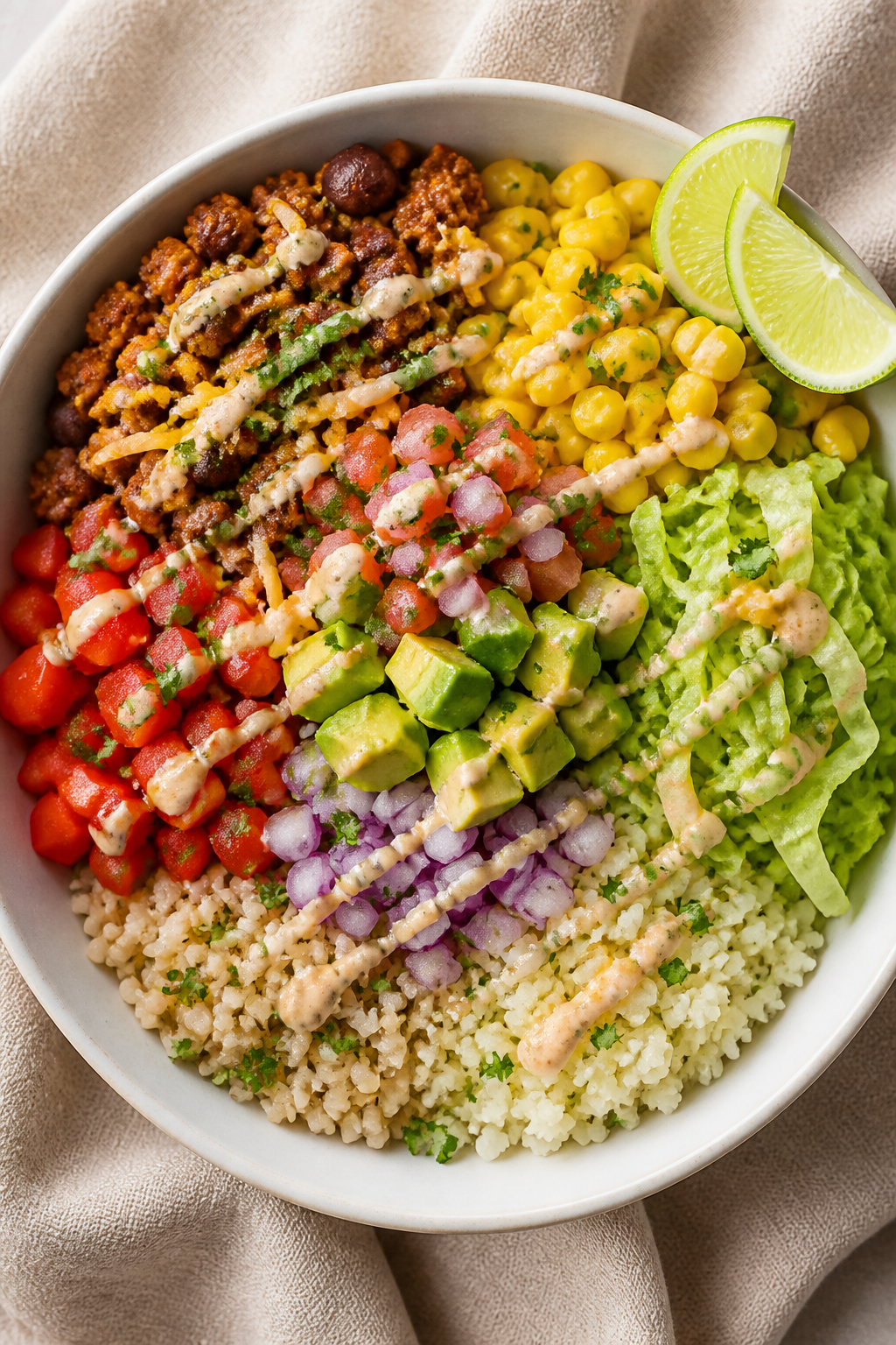 Tasty top view: Overhead shot of a Healthy Taco Bell Inspired Bowl assembled with half cilantro-lime