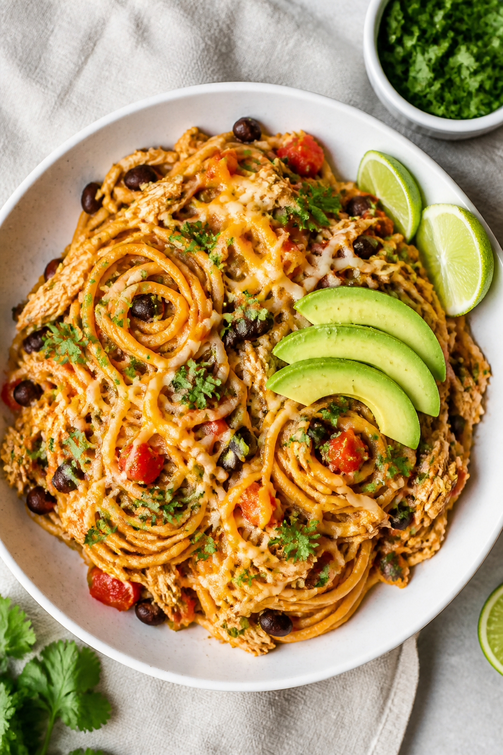 Tasty top view: Overhead shot of a heaping bowl of Healthy Chicken Taco Spaghetti, twirled into neat