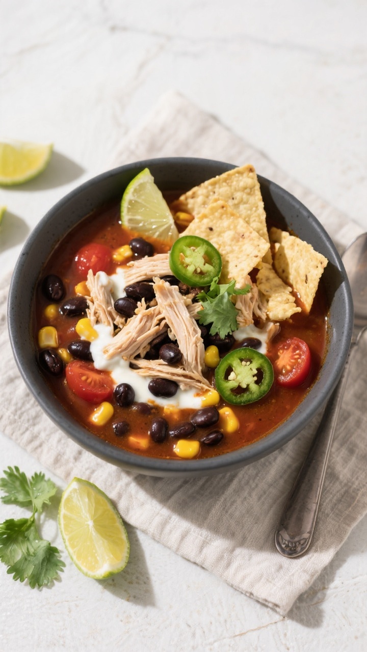 Tasty top view – Overhead shot of a hearty bowl of Slow Cooker Chicken & Black Bean Soup, showcasi