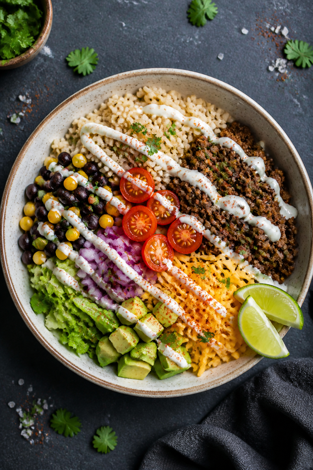 Tasty top view: Overhead shot of a High Protein Beef Burrito Bowl neatly arranged in quadrants—war