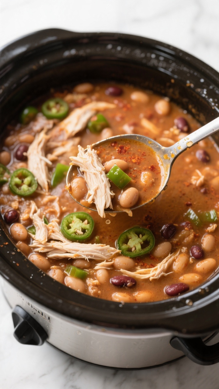 Tasty top view: Overhead shot of a ladle lifting cooked white chicken chili from the slow cooker, sh