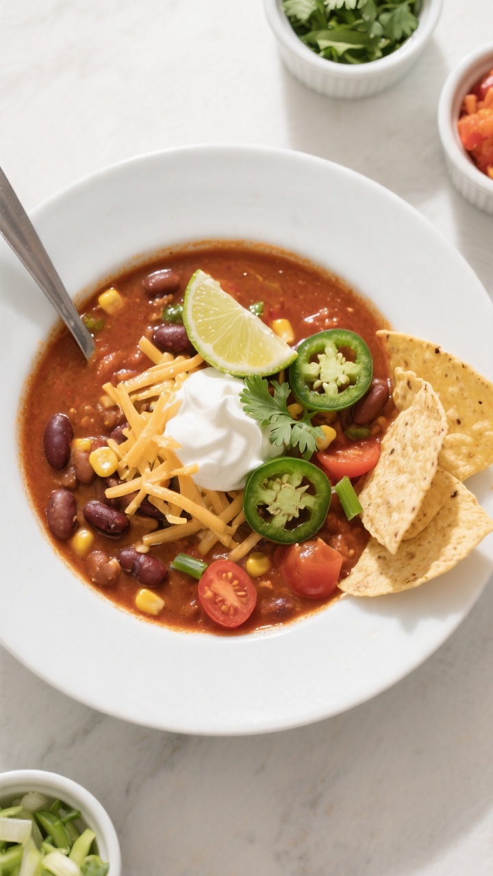 Tasty top view: Overhead shot of a ladled bowl of Slow Cooker Taco Soup in a wide white ceramic bowl