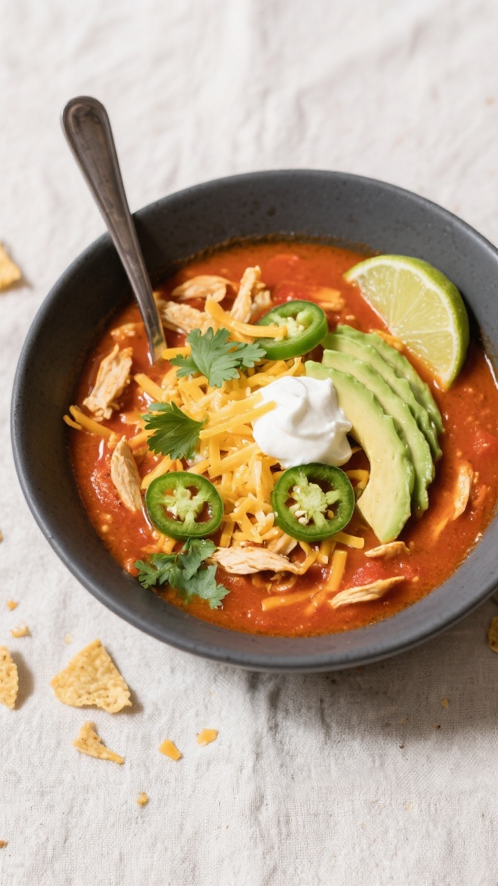 Tasty top view: Overhead shot of a ladled bowl of Chicken Enchilada Soup, vibrant red-orange broth w