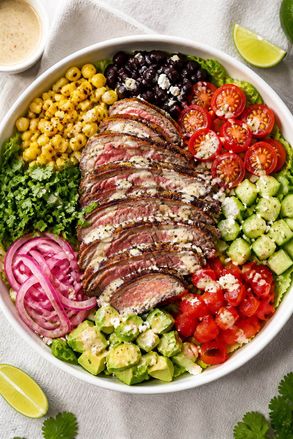 Tasty top view: Overhead shot of a large salad bowl filled with chopped romaine, neatly fanned mediu