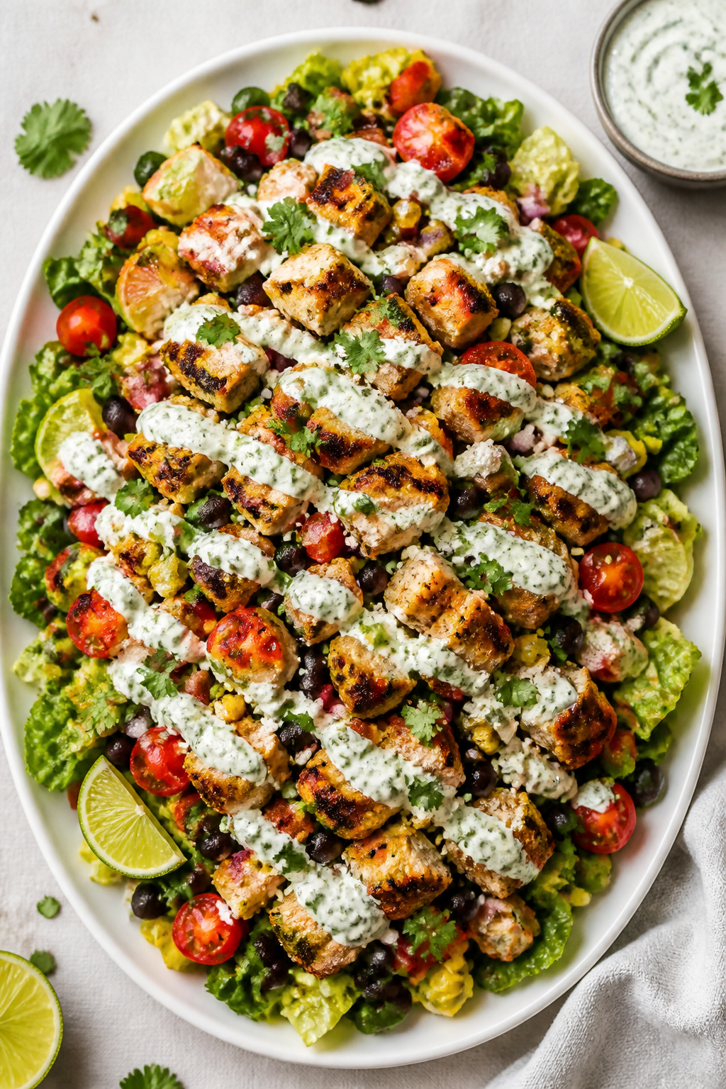 Tasty top view: Overhead shot of a large salad platter piled with chopped romaine, halved cherry tom