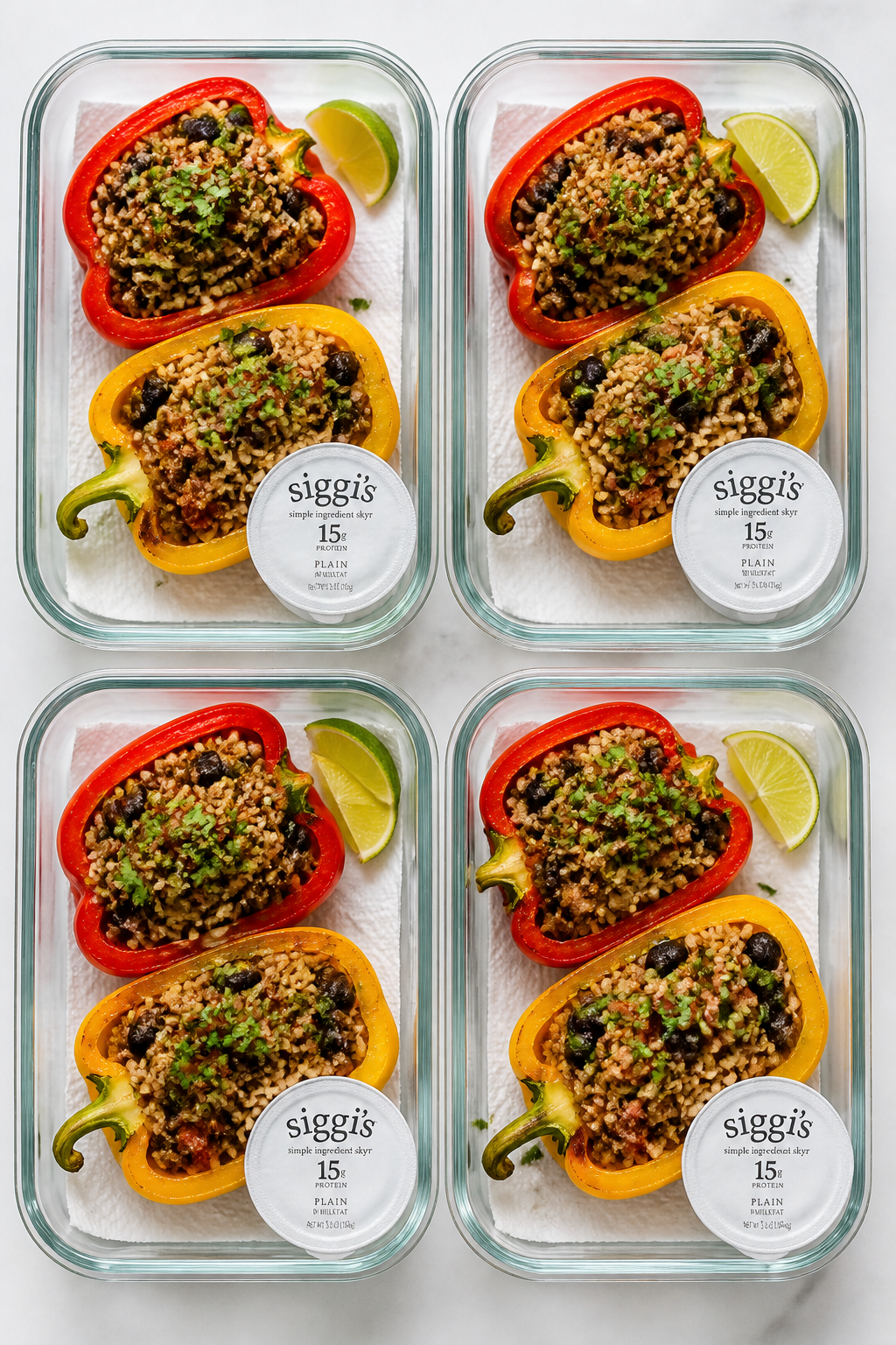 Tasty top view: Overhead shot of a meal-prep layout with two halved taco stuffed peppers in each con