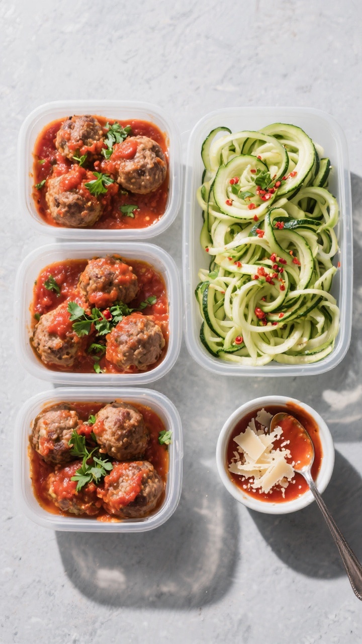 Tasty top view: Overhead shot of a meal-prep spread—four shallow containers each filled with saucy