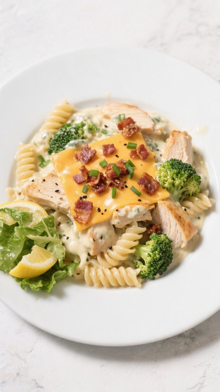 Tasty top view: Overhead shot of a plated serving of Chicken Bacon Ranch Casserole on a matte white 