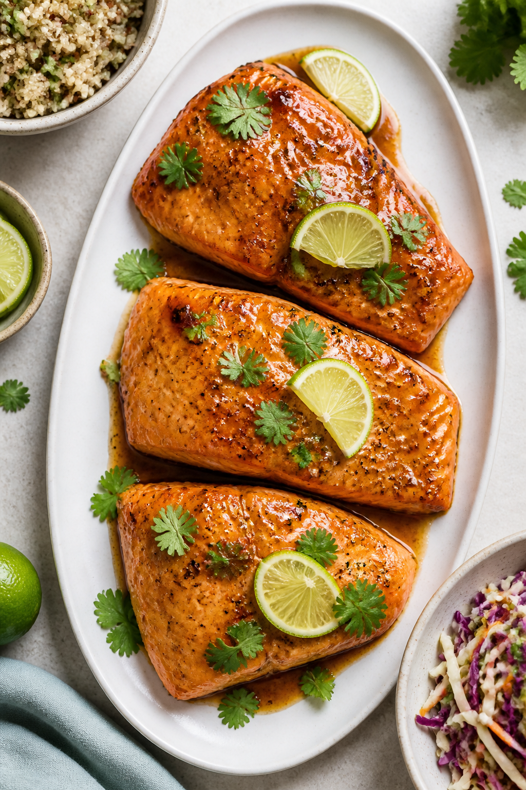 Tasty top view: Overhead shot of a platter of Honey Lime Salmon—three glazed fillets arranged slig