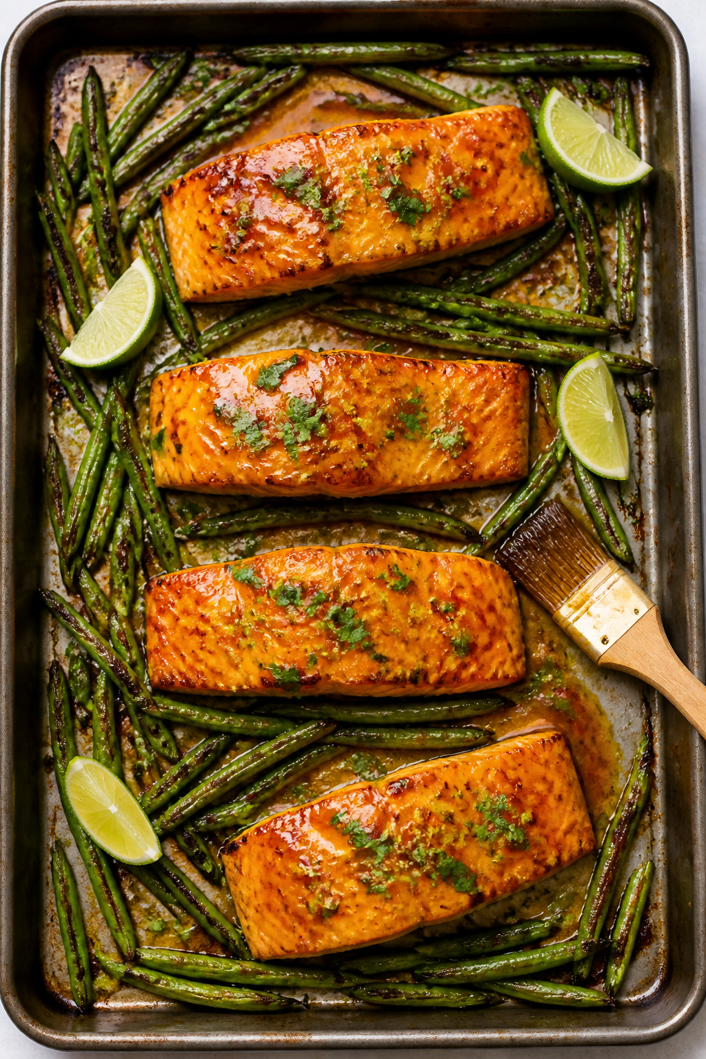 Tasty top view: Overhead shot of a sheet-pan style meal—four mango-habanero–glazed salmon fillet