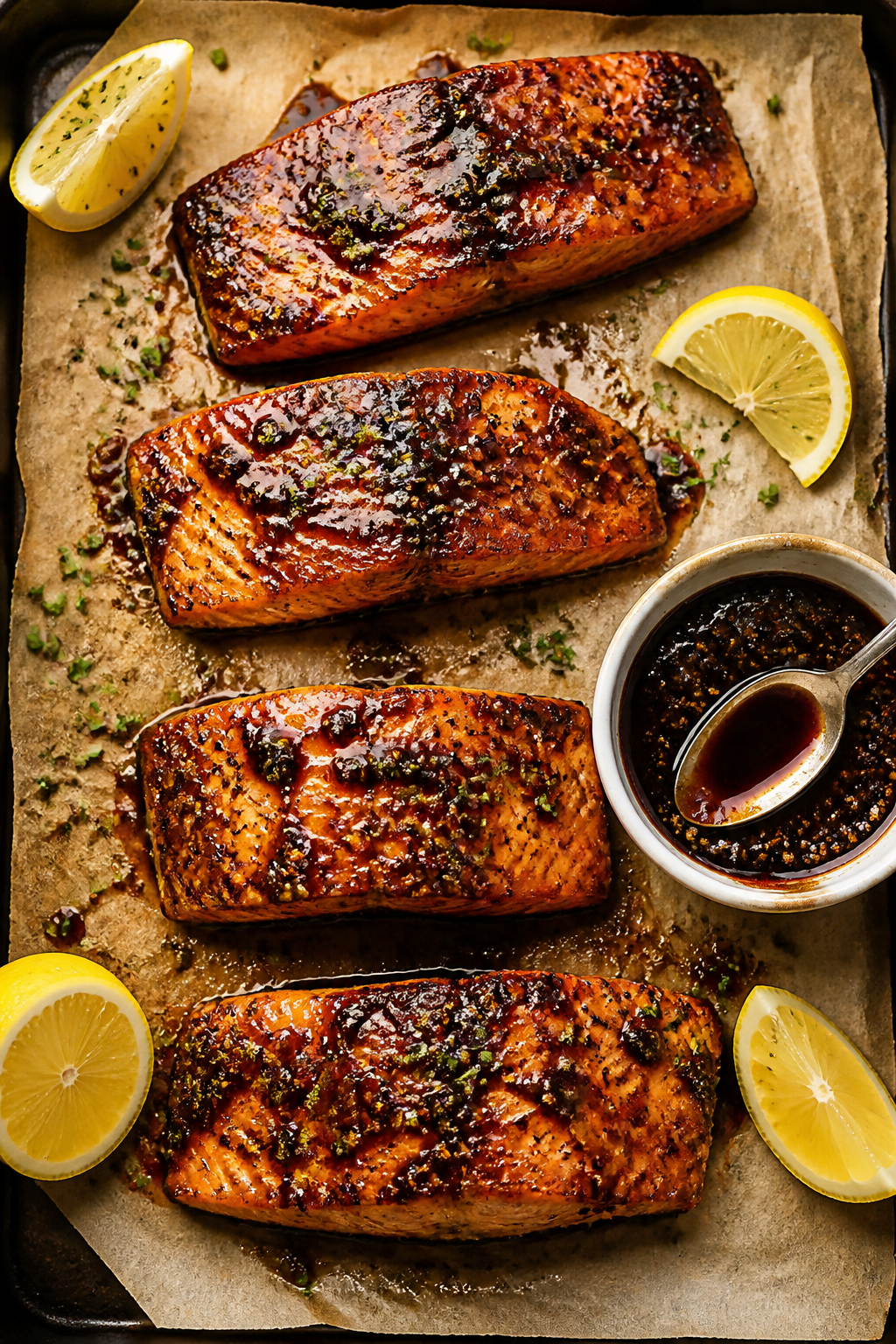 Tasty top view: Overhead shot of a sheet-pan style finish—four cooked salmon fillets arranged on p