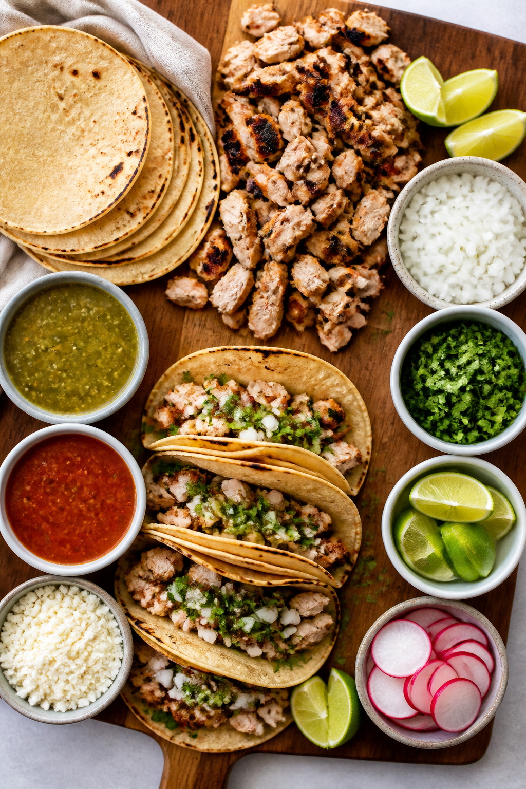 Tasty top view: Overhead shot of a taco assembly board with warmed, pliable street-size corn tortill