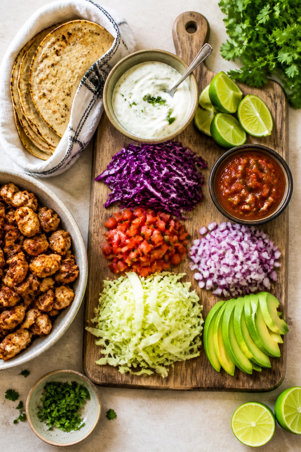 Tasty top view: Overhead shot of a taco assembly board with warmed, lightly charred corn tortillas w