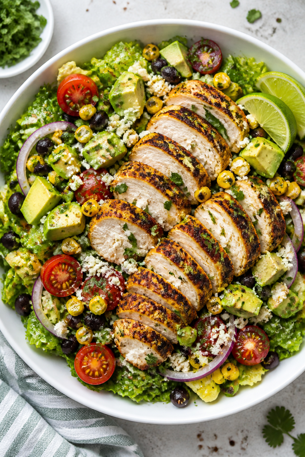 Tasty top view: Overhead shot of a vibrant Mexican Chicken & Avocado Salad in a wide, shallow white