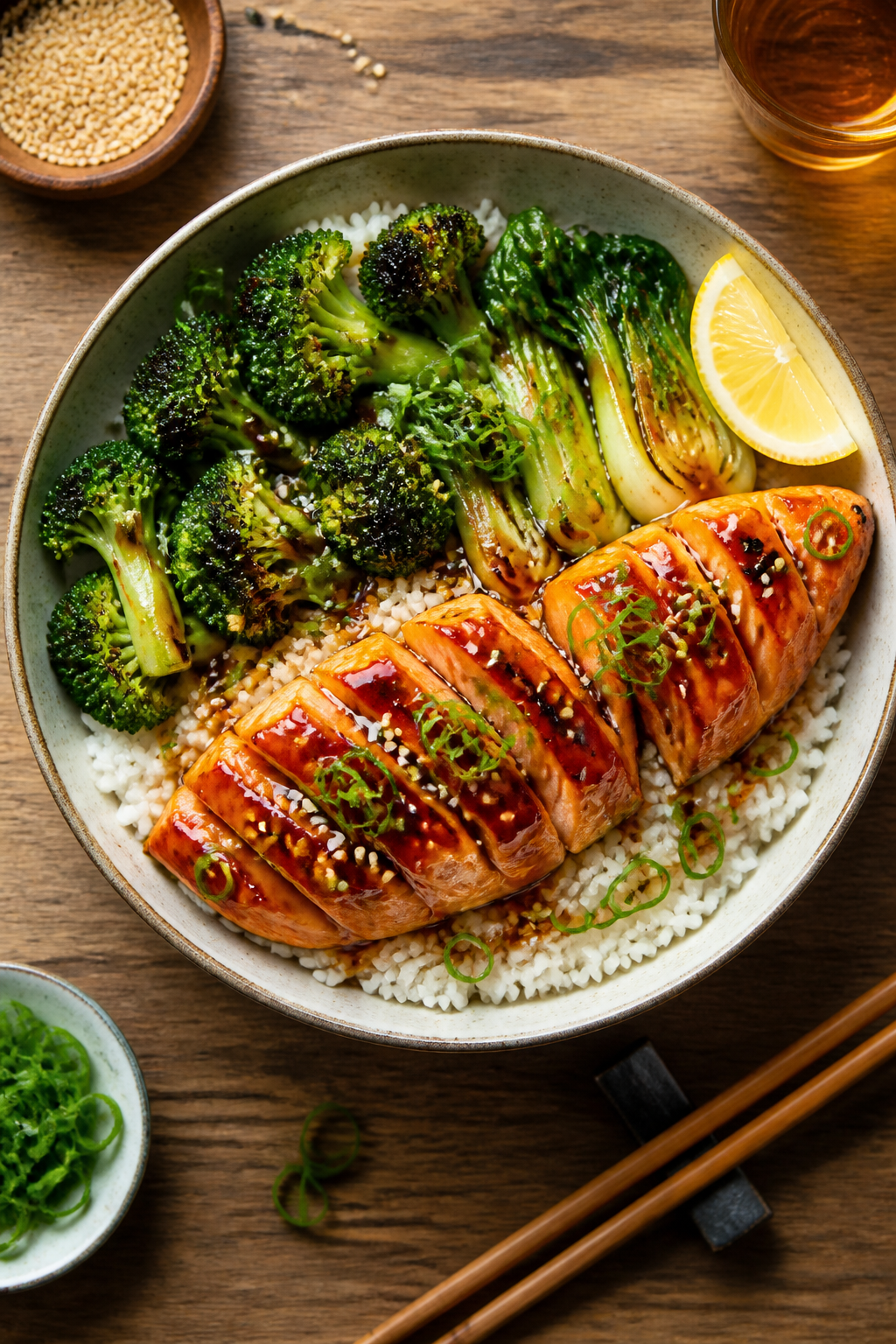 Tasty top view: Overhead shot of a weeknight dinner bowl—sliced maple soy glazed salmon fanned ove
