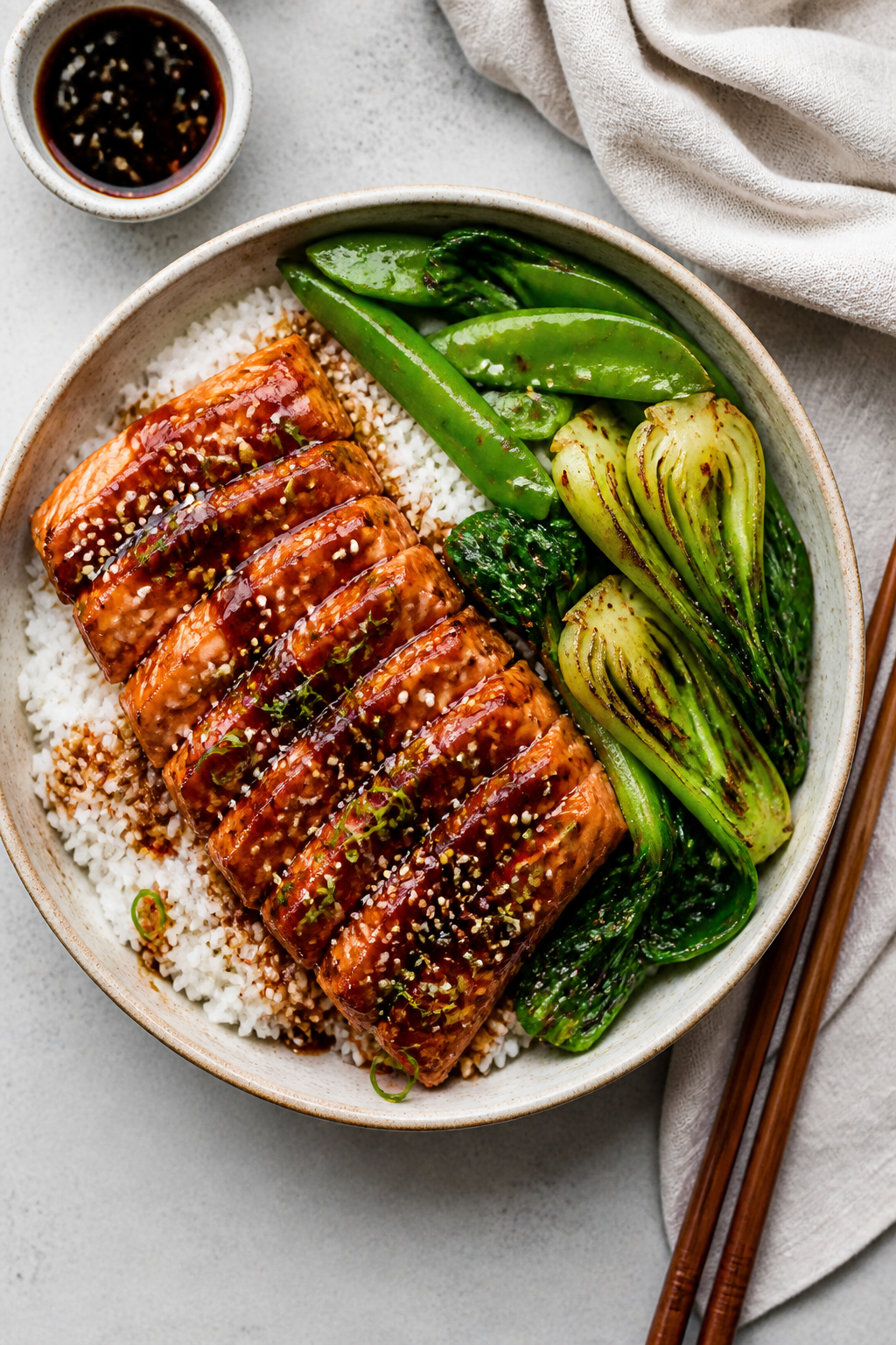 Tasty top view: Overhead shot of a weeknight teriyaki salmon bowl—sliced glazed salmon fanned over