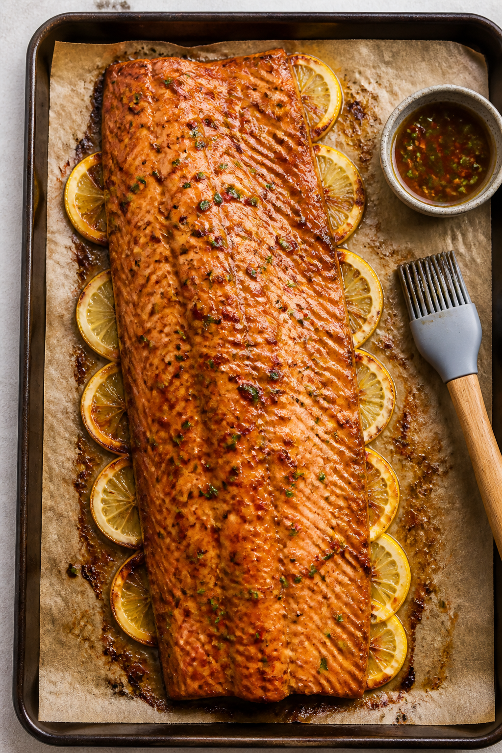 Tasty top view: Overhead shot of a whole side of Garlic Brown Sugar Salmon on a parchment-lined baki