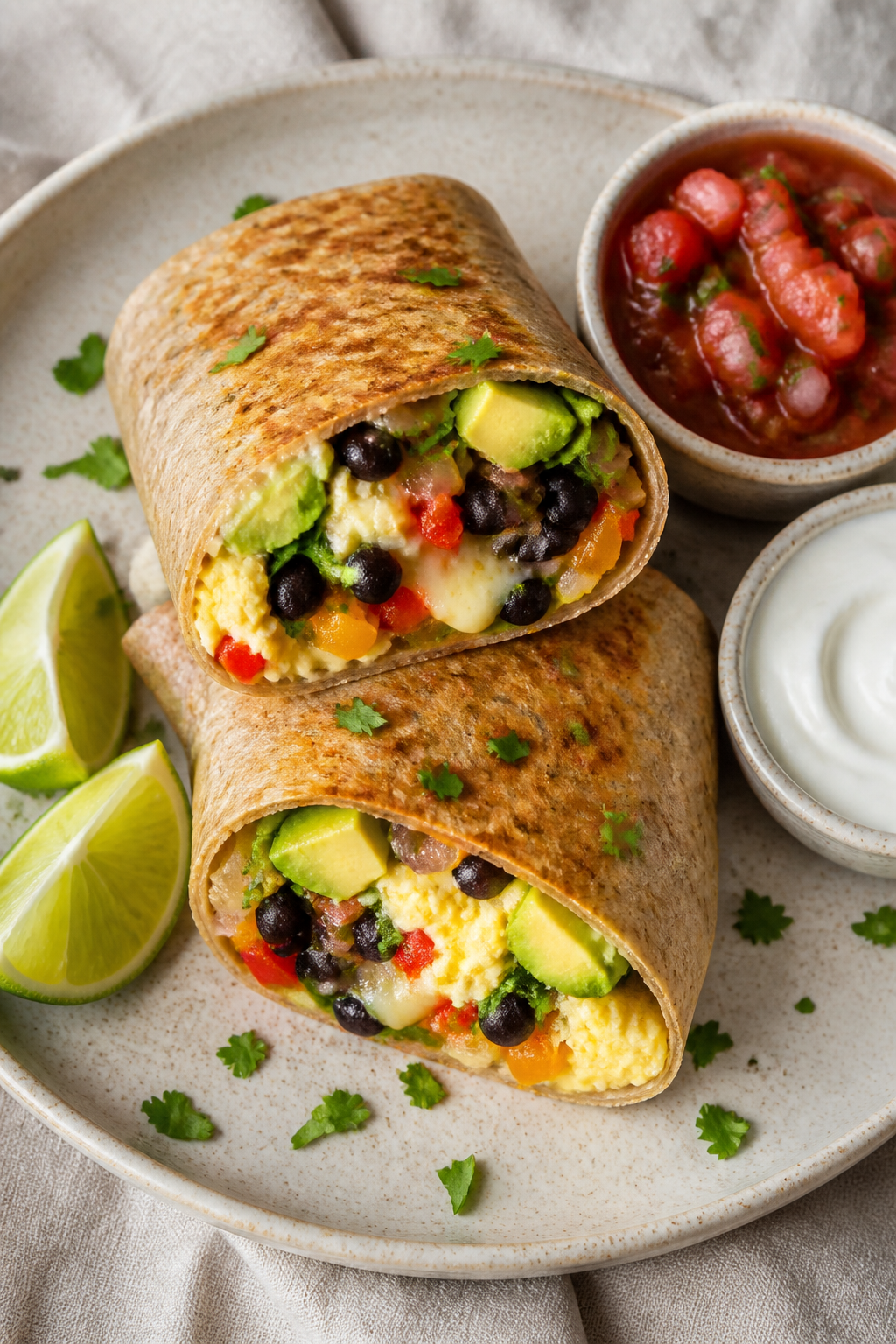 Tasty top view: Overhead shot of a whole-wheat breakfast burrito sliced in half, halves angled to re