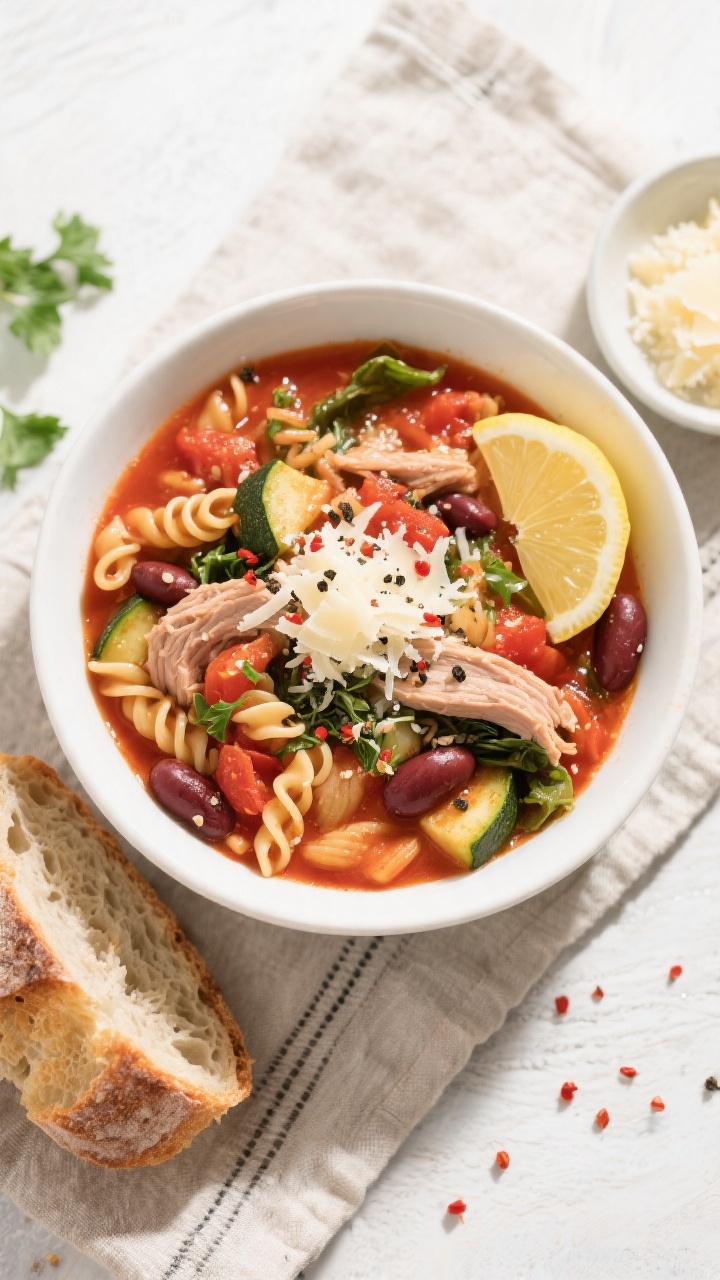 Tasty top view: Overhead shot of a wide, shallow white bowl filled with Slow Cooker Minestrone with 