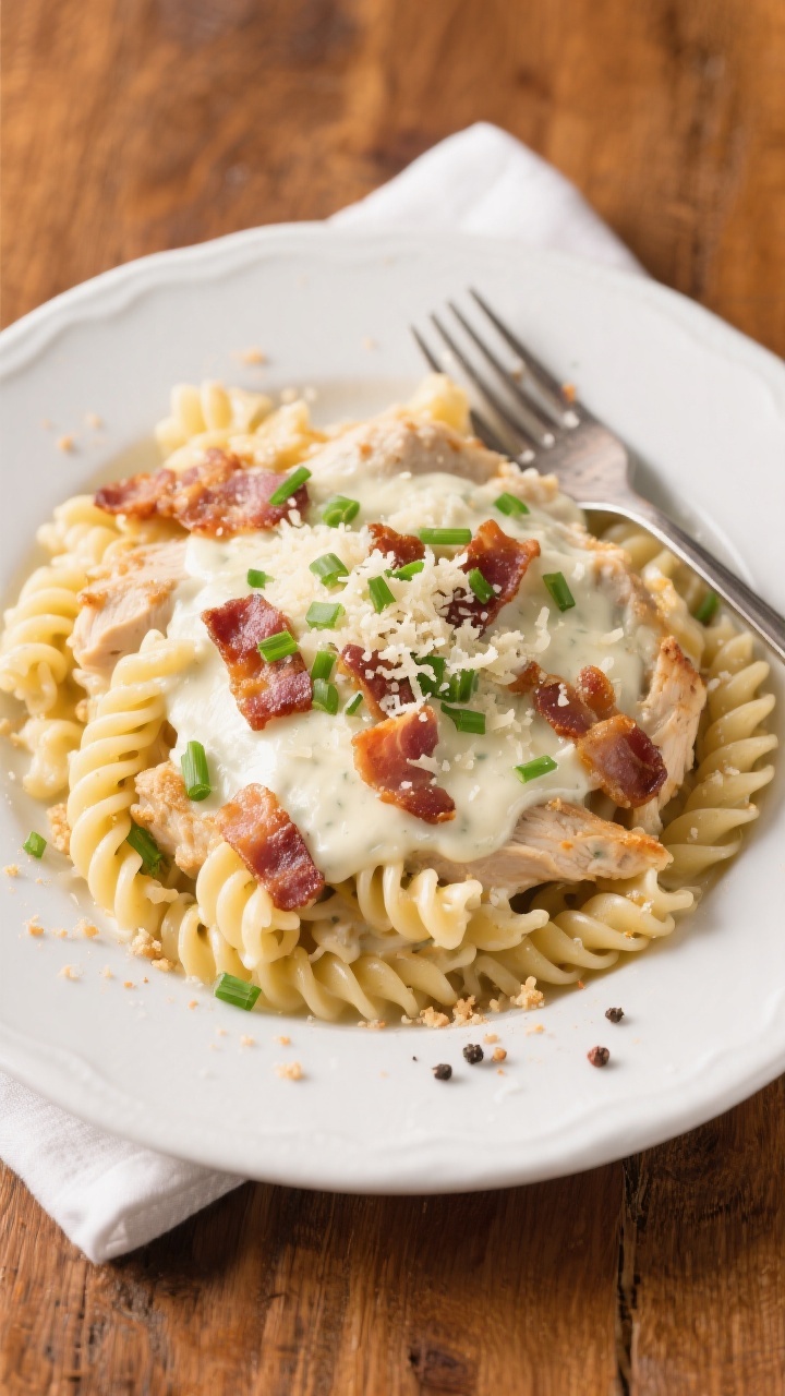 Tasty top view: Overhead shot of an individually plated serving of Chicken Bacon Ranch Pasta Bake on
