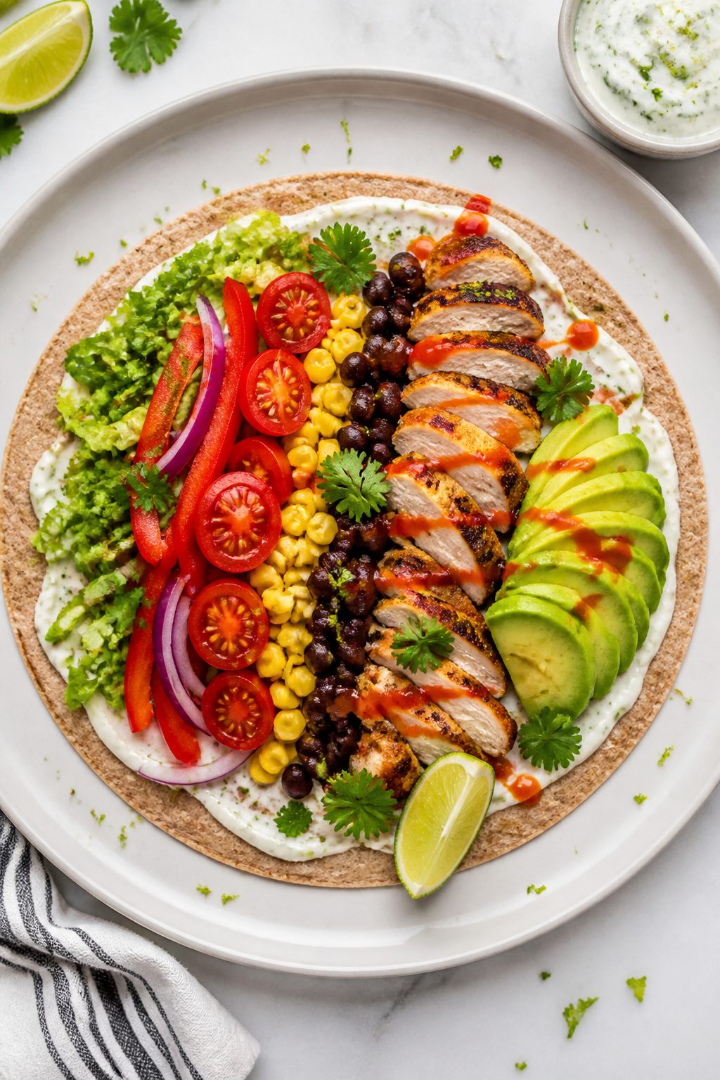 Tasty top view: Overhead shot of an open whole-wheat tortilla ready to wrap, neatly layered with yog