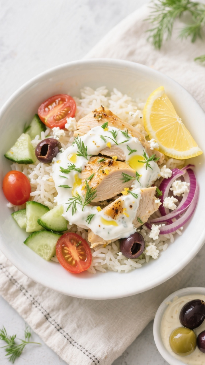 Tasty top view — Overhead shot of assembled Crockpot Greek Chicken Bowls: fluffy basmati rice base
