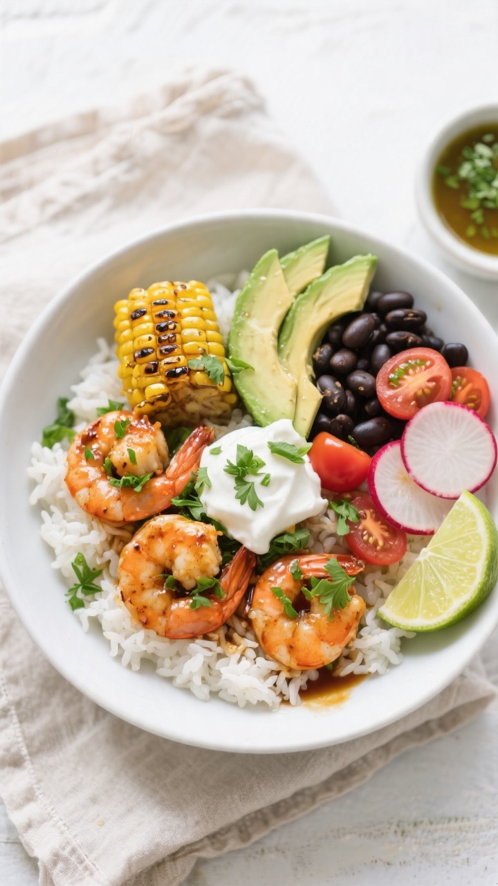 Tasty top view: Overhead shot of assembled Crockpot Cilantro Lime Shrimp Bowls on a matte white bowl
