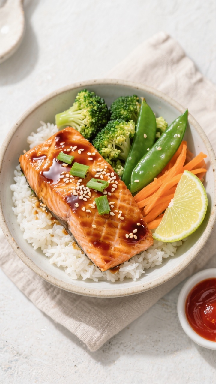 Tasty top view: Overhead shot of assembled Crockpot Teriyaki Salmon Bowl—white jasmine rice base t