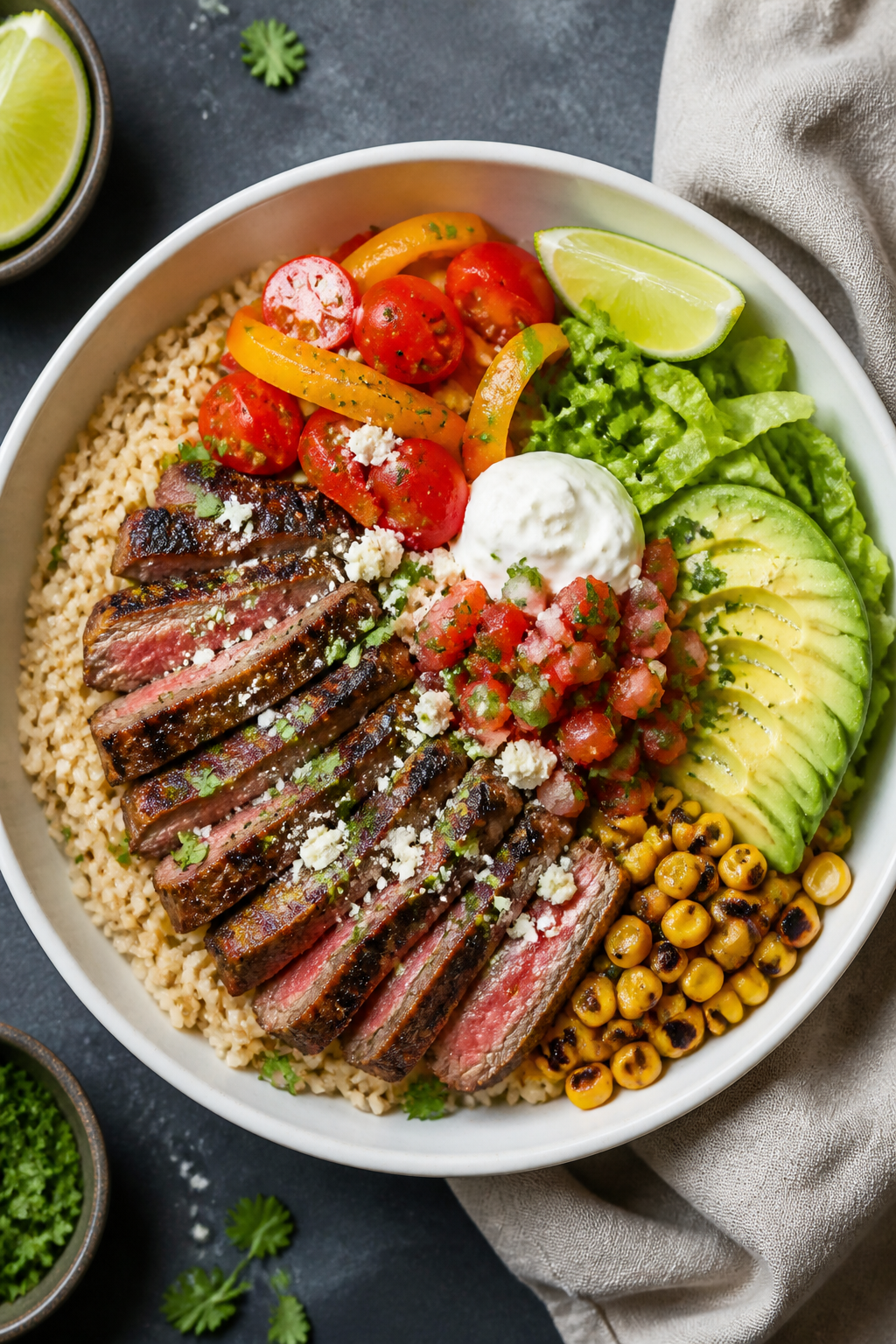 Tasty top view: Overhead shot of assembled Easy Healthy Carne Asada Bowl—warm brown rice base topp