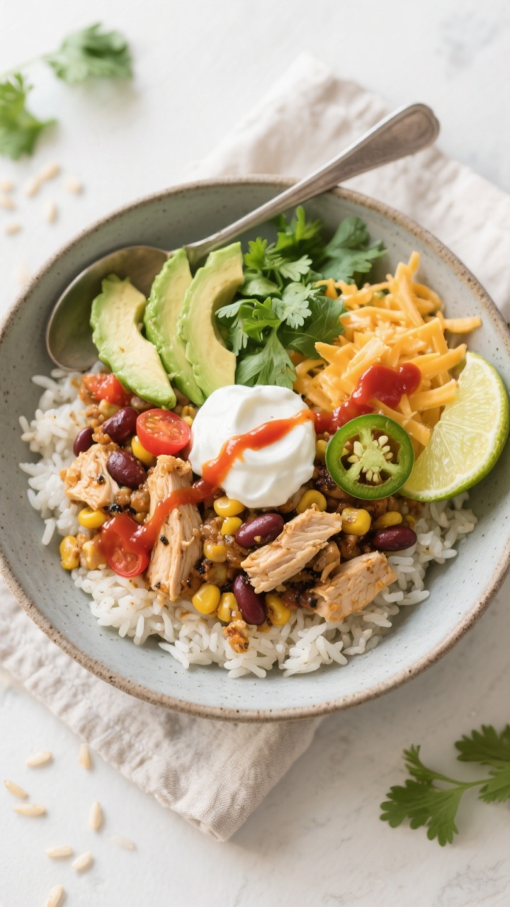 Tasty top view — Overhead shot of assembled Healthy Slow Cooker Chicken Burrito Bowl: fluffy white
