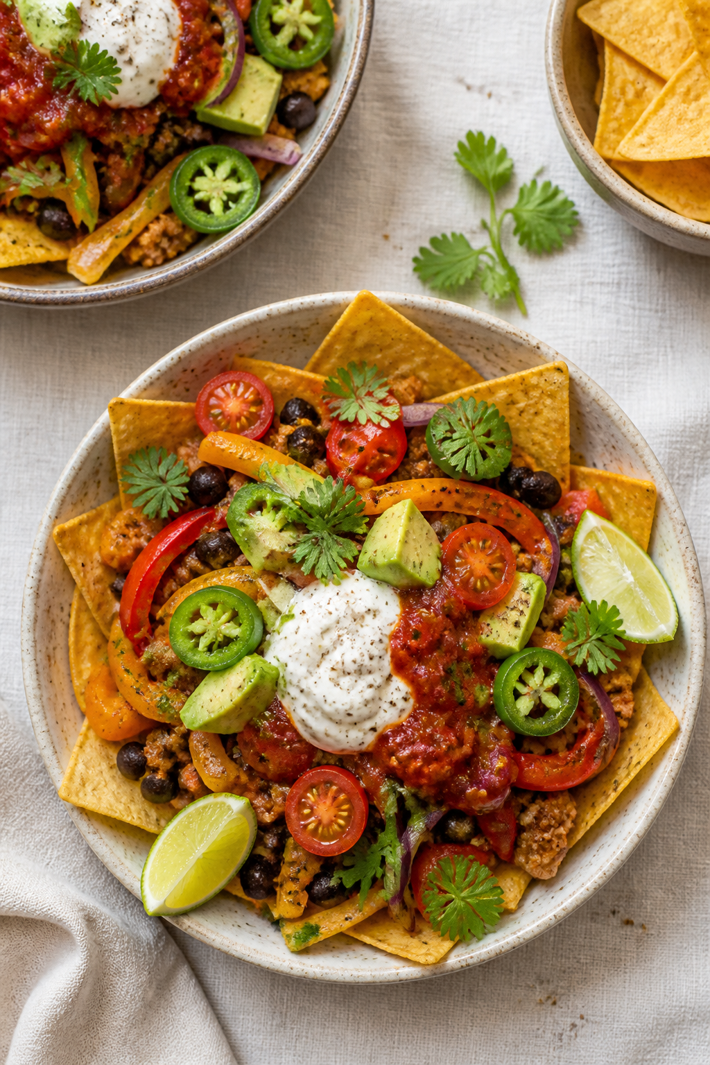 Tasty top view: Overhead shot of assembled Healthy Loaded Nacho Bowls with a bed of baked corn torti
