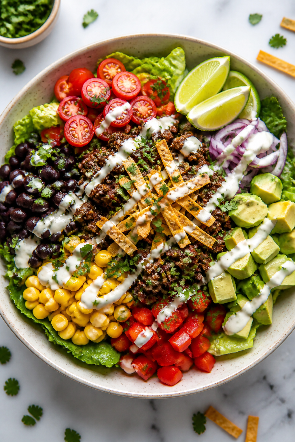 Tasty top view: Overhead shot of assembled Healthy Beef Taco Salad Bowl in a wide, shallow ceramic b