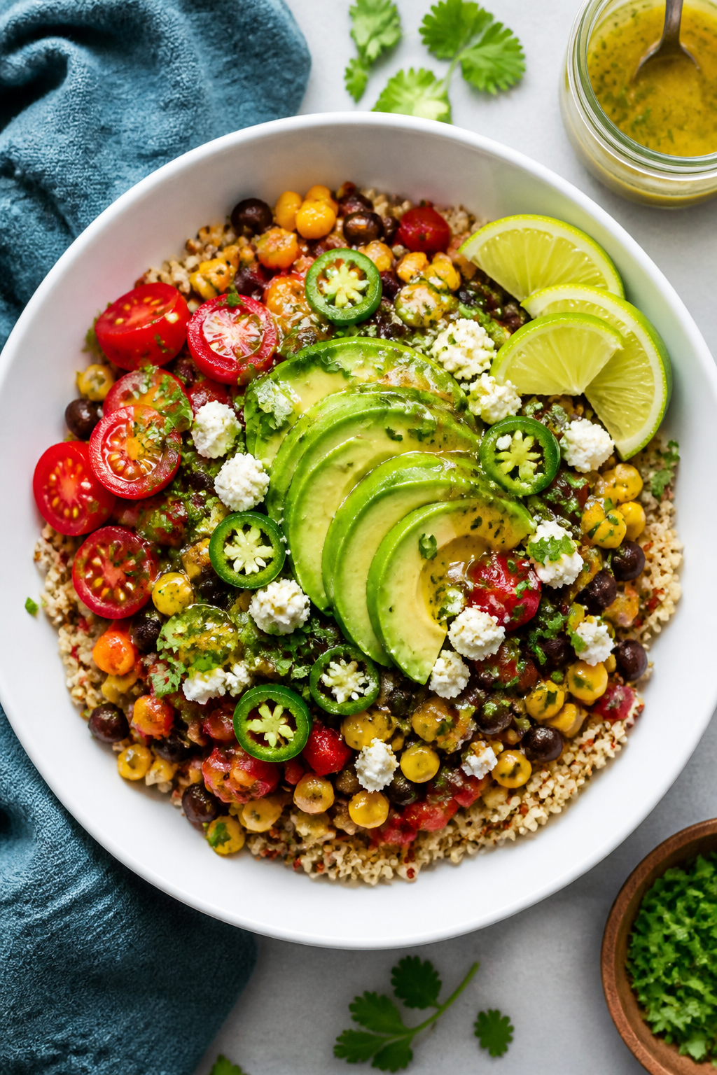 Tasty top view: Overhead shot of assembled Healthy Mexican Quinoa Bowl in a wide white bowl—fluffy