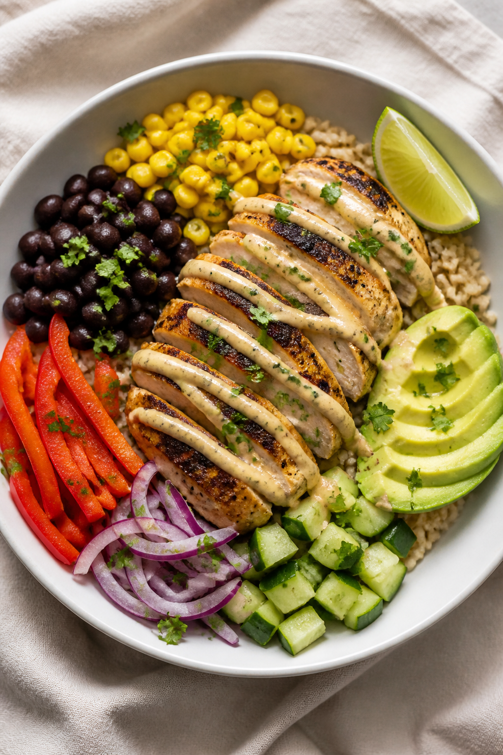 Tasty top view: Overhead shot of assembled Healthy Chipotle Lime Chicken Bowl on a matte white shall