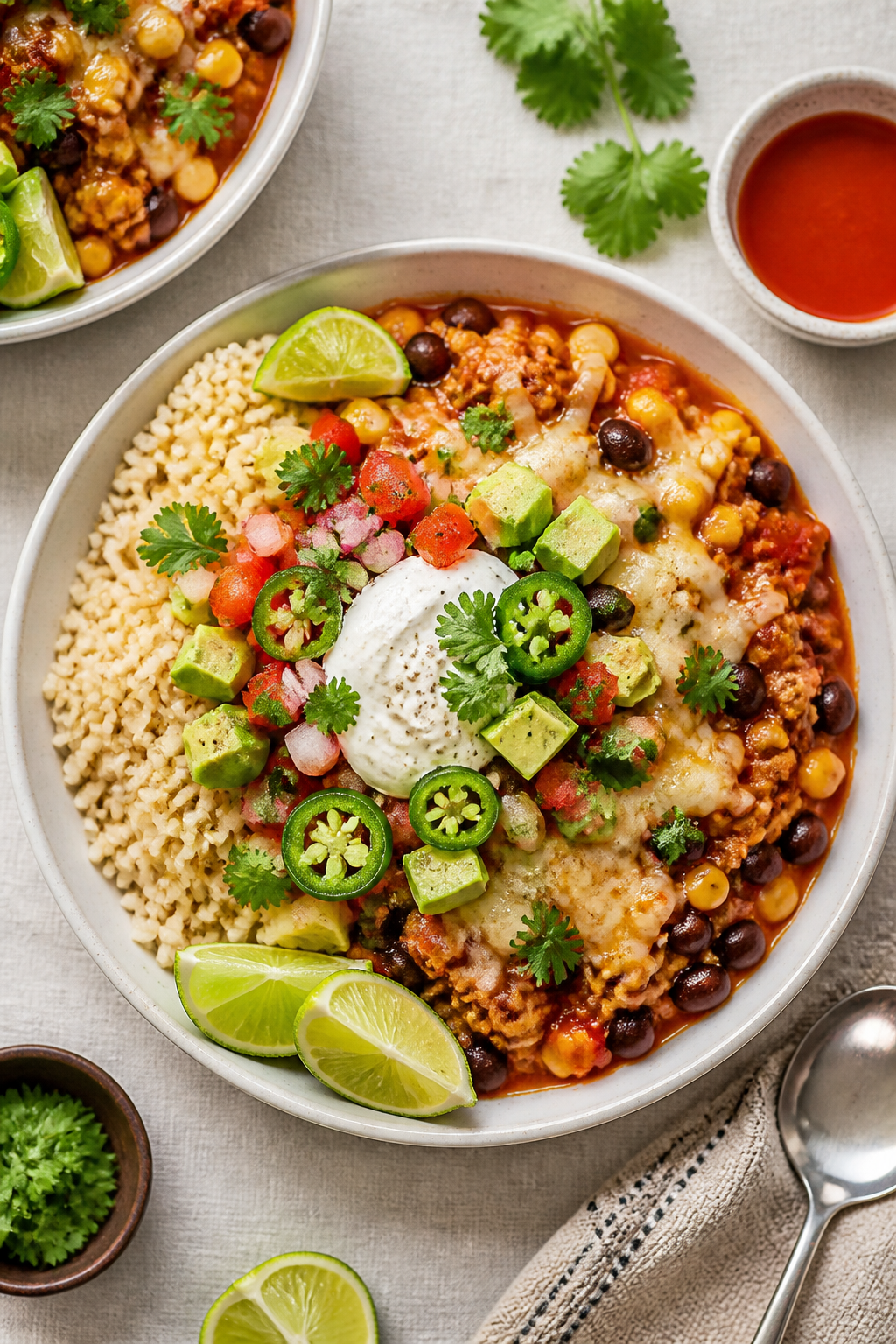 Tasty top view: Overhead shot of assembled Healthy Ground Turkey Enchilada Bowls—half brown rice, 