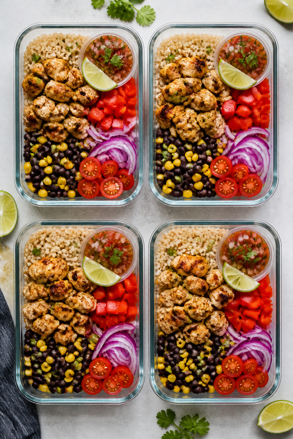 Tasty top view: Overhead shot of assembled Healthy Chicken Burrito Bowls in 4 glass meal-prep contai
