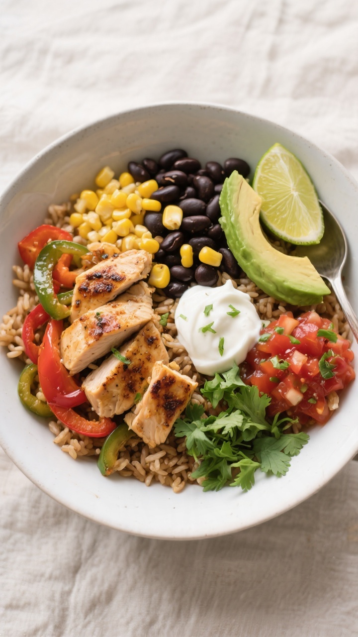 Tasty top view: Overhead shot of assembled Healthy Chicken Fajita Bowl on a matte white shallow bowl