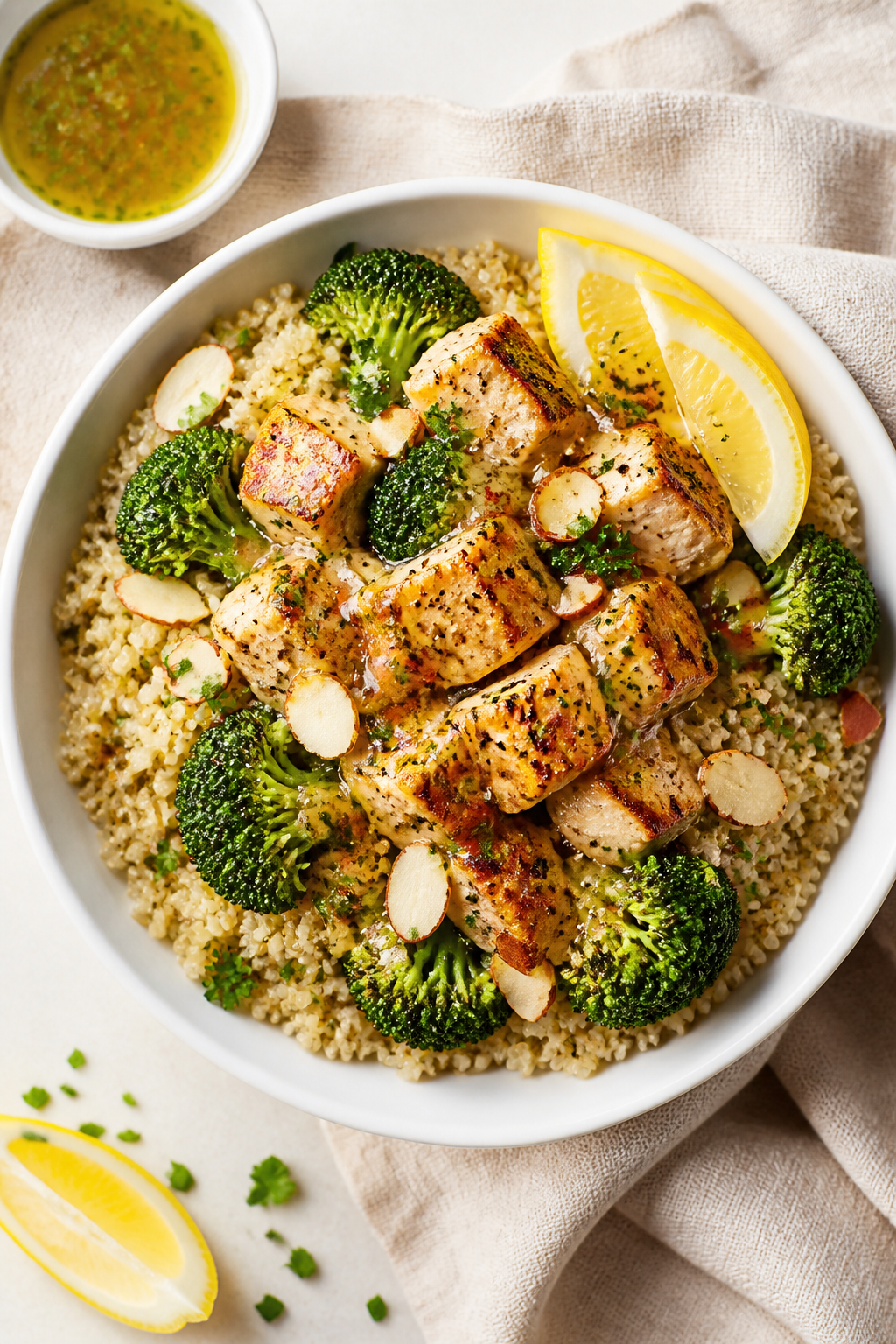 Tasty top view: Overhead shot of assembled Healthy Chicken Broccoli Quinoa Bowls—fluffy quinoa bas