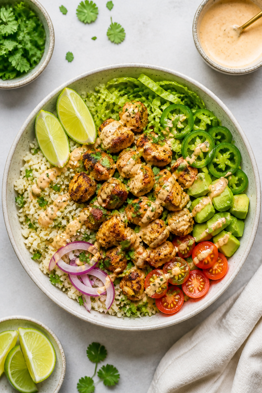Tasty top view: Overhead shot of assembled low carb chicken taco bowls on a light stone surface—be