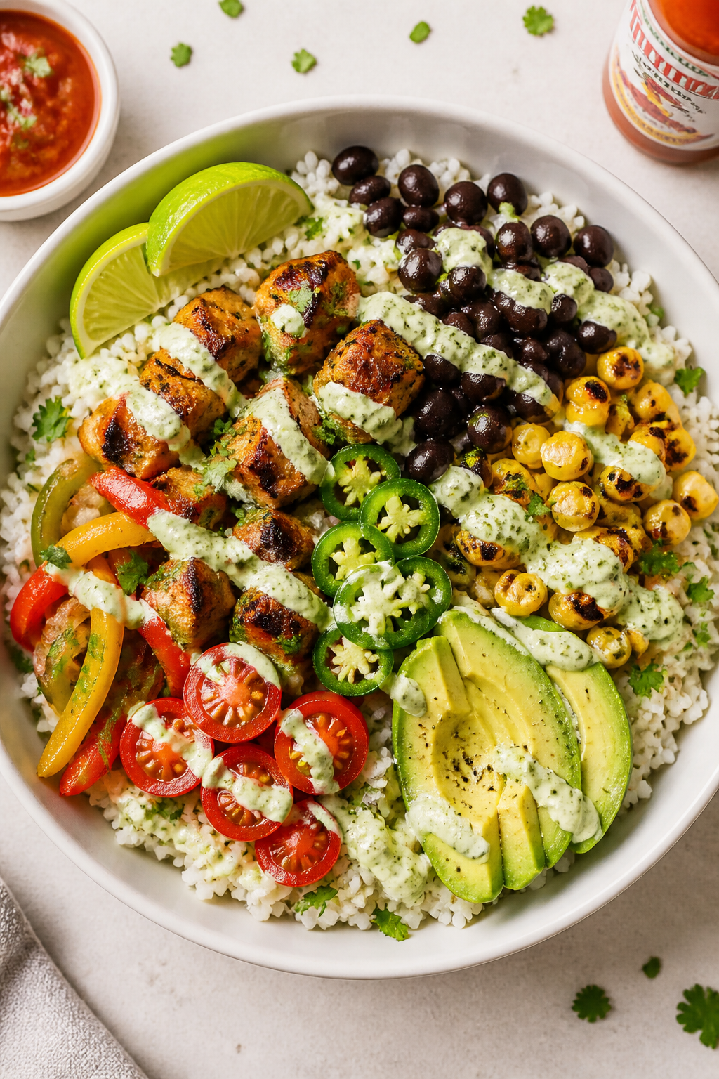 Tasty top view: Overhead shot of assembled Mexican Chicken & Black Bean Bowl on a matte white shallo
