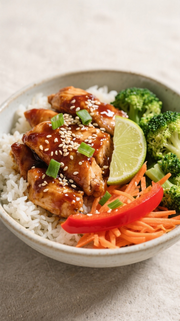 Tasty top view: Overhead shot of assembled Sticky Honey Soy Chicken Bowls on a light ceramic bowl—