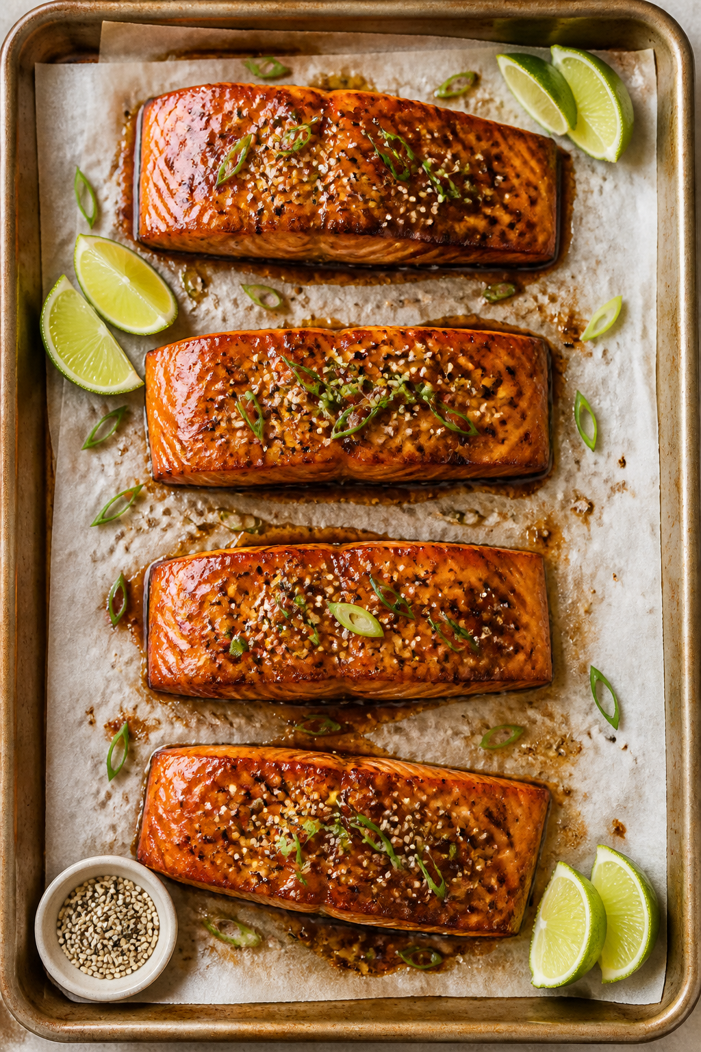 Tasty top view: Overhead shot of baked Garlic Sesame Salmon on a parchment-lined sheet pan, four fil