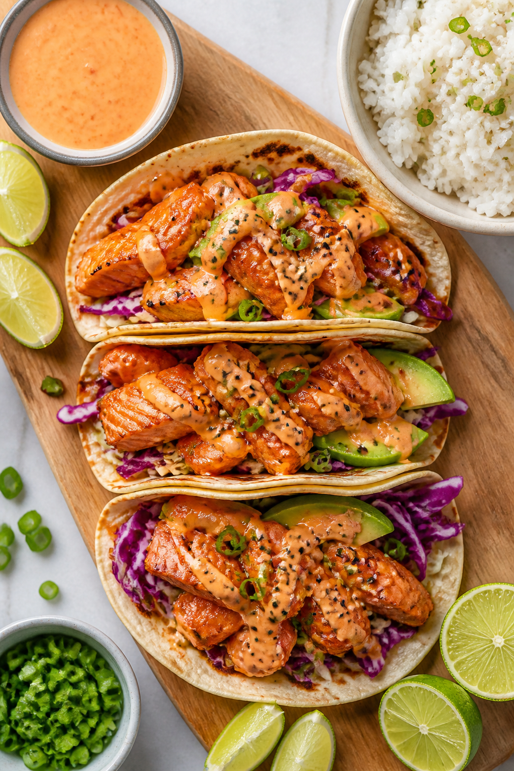 Tasty top view: Overhead shot of Bang Bang Salmon taco night. Warm tortillas filled with flaky sauce