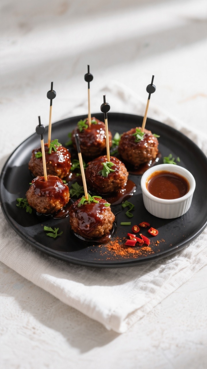 Tasty top view: Overhead shot of BBQ meatballs served appetizer-style on a matte black platter, each
